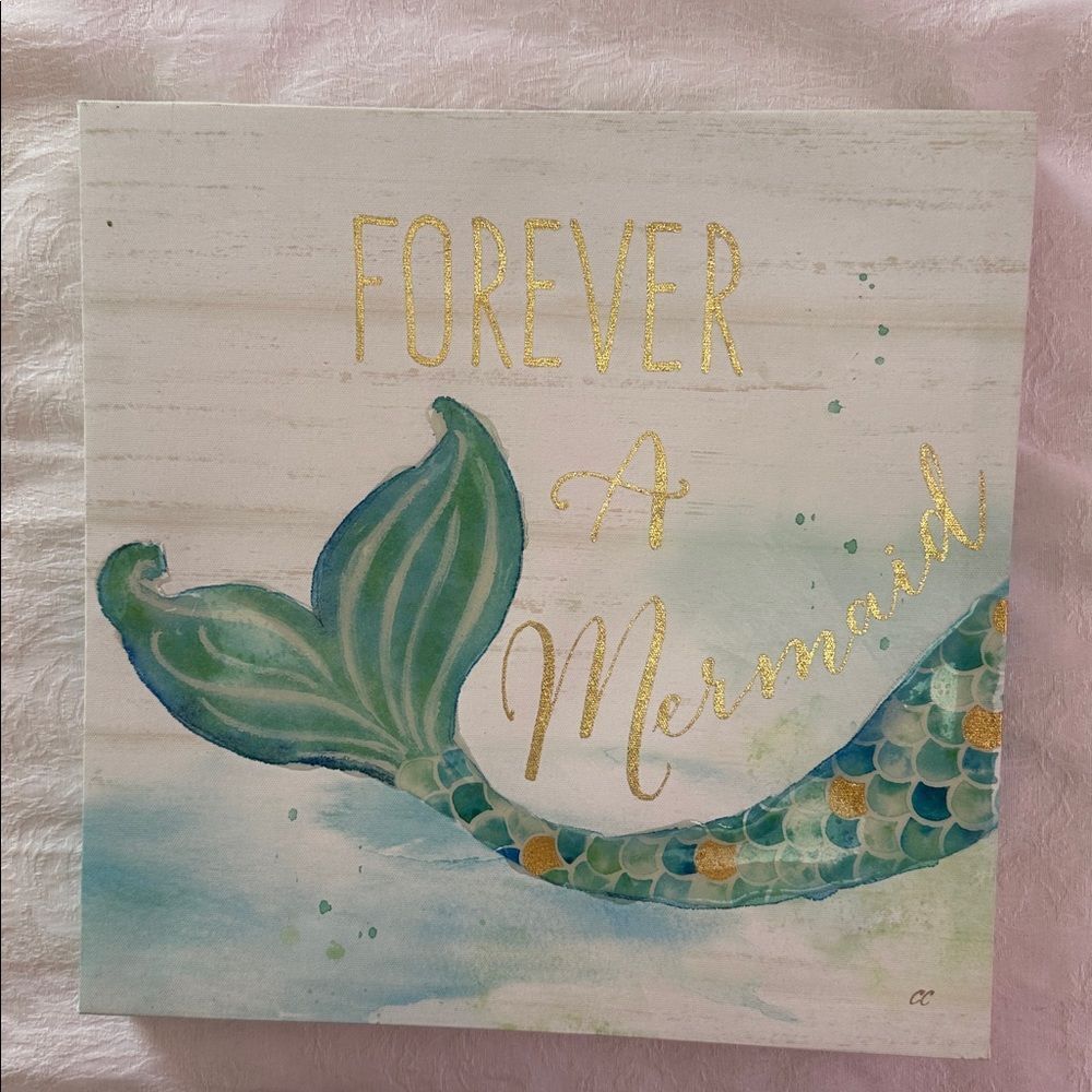 Art Mermaid Wrapped Canvas Wall Art Glitter Texture 12” x 12” Beach Coastal